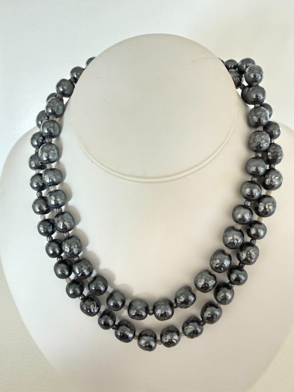 VTG MIRIAM HASKELL GUNMETAL GREY BAROQUE GLASS PEARL NECKLACE OPERA LENGTH SIGN
